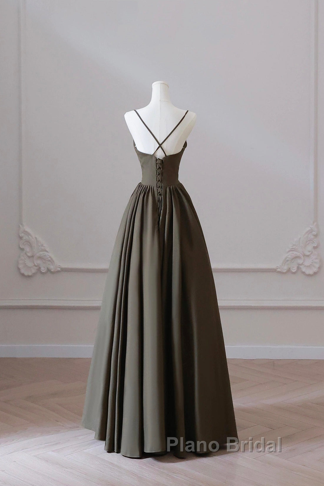 Olive Green Spaghetti Strap Satin Long Formal Prom Dresses, A-Line V Neck Party Dresses