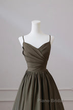 Olive Green Spaghetti Strap Satin Long Formal Prom Dresses, A-Line V Neck Party Dresses