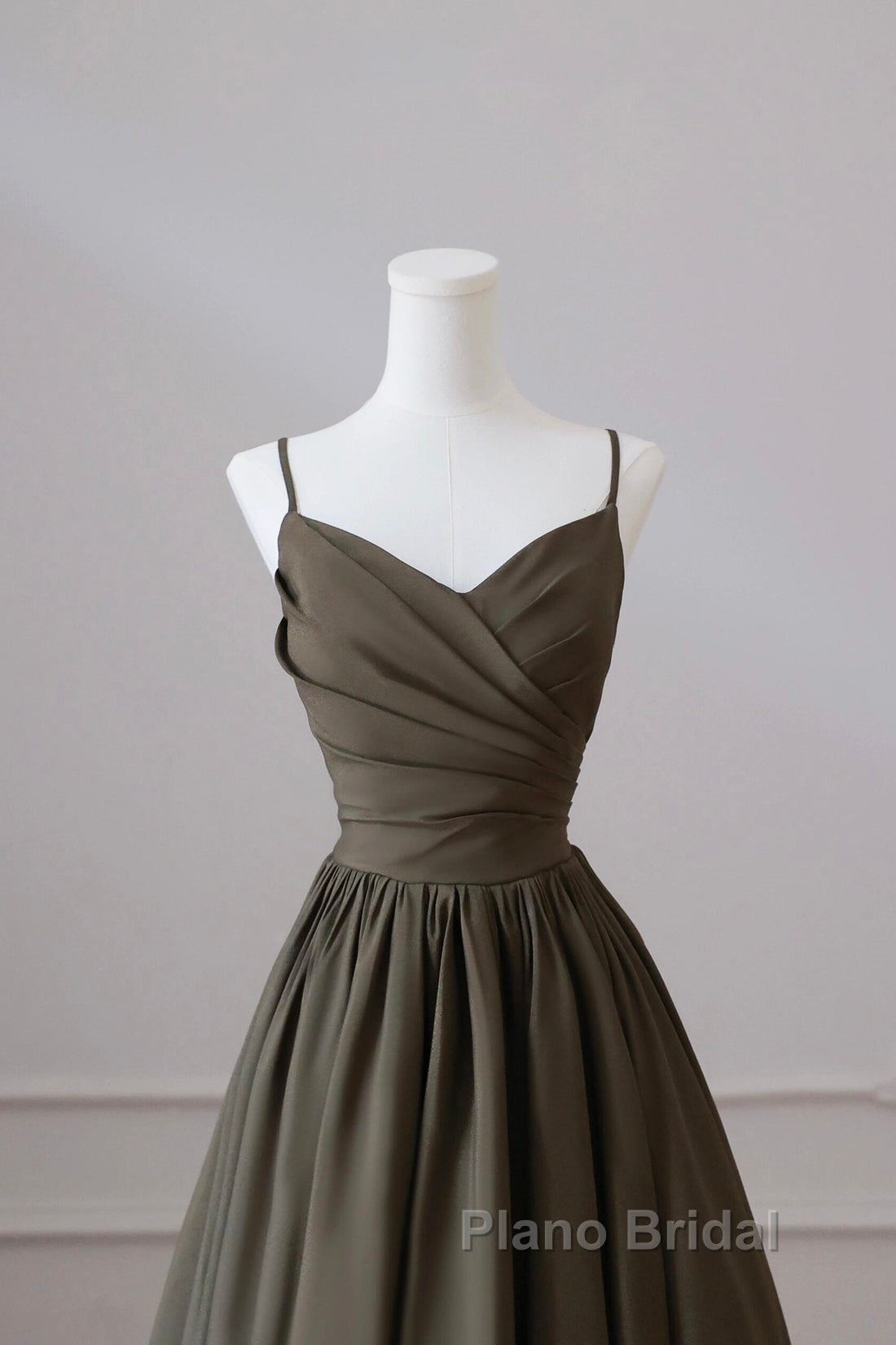 Olive Green Spaghetti Strap Satin Long Formal Prom Dresses, A-Line V Neck Party Dresses