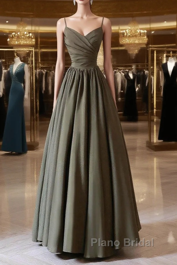 Olive Green Spaghetti Strap Satin Long Formal Prom Dresses, A-Line V Neck Party Dresses Main image