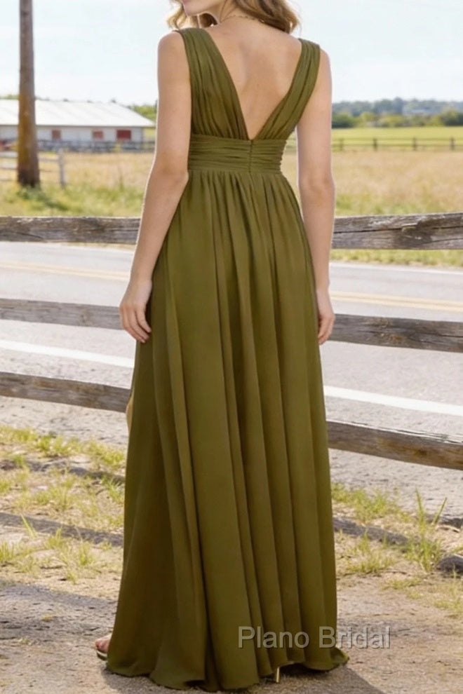 Olive Green V Neck Chiffon Floor Length Bridesmaid Dresses Long Bridesmaid Dress With Pleated Split Secondary image