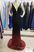 Ombre Mermaid V-Neck Court Train Formal Prom Sequins Dresses