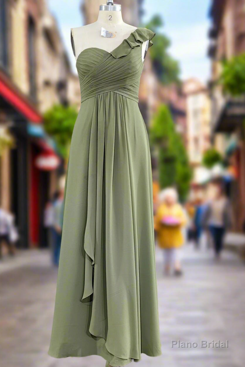 One ruffle Shoulder Long Dusty Sage Bridesmaid Dress Secondary image