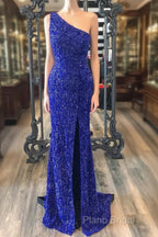 One Shouder Royal Blue Formal Prom Dresses Long Sequin Formal Dresses