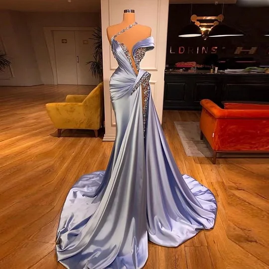 One Shoudler Light Blue Sparkle A-Line High Split Prom Dresses Secondary image