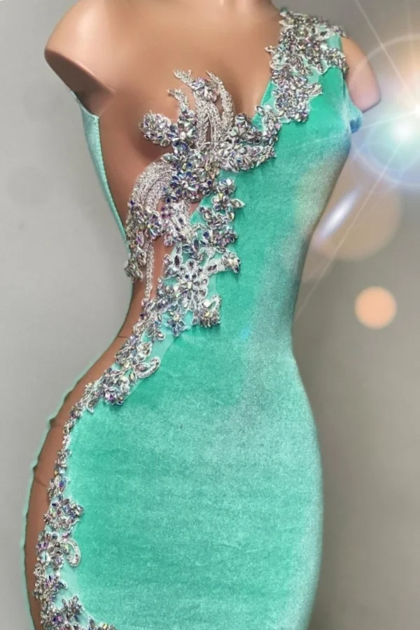 One Shoudler Mint Green Silver Velvet Floor Length Prom Dresses Secondary image