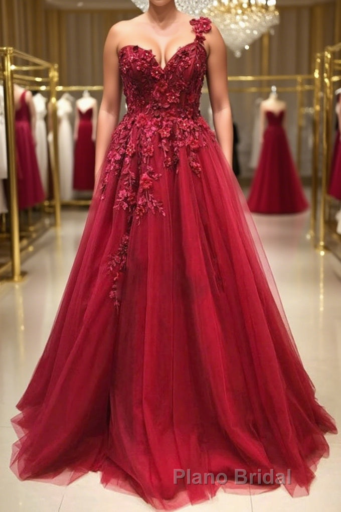One Shoulder 3D Floral Burgundy Lace Long Formal Prom Dress, Burgundy Lace Appliques Formal Graduation Evening Dress Main image