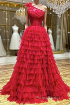 One Shoulder A-Line Tulle Burgundy Long Formal Prom Dress, Burgundy Graduation Dress