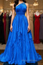 One Shoulder Backless Blue Chiffon Long Formal Prom Dress, Beaded Blue Long Formal Evening Dress