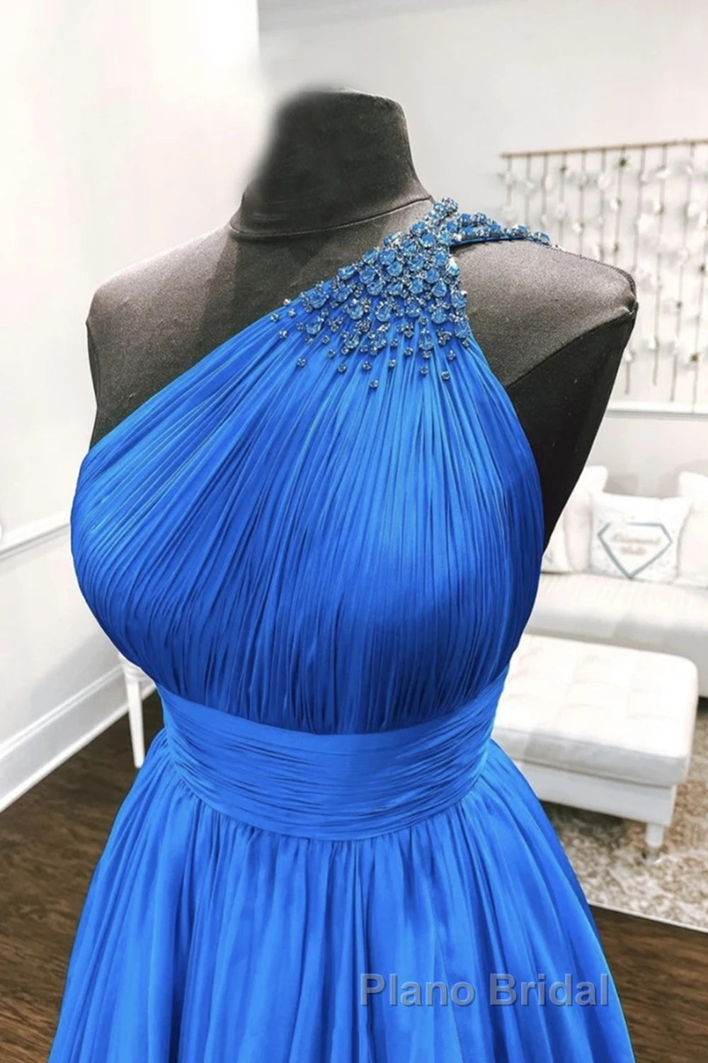 One Shoulder Backless Blue Chiffon Long Formal Prom Dress, Beaded Blue Long Formal Evening Dress Secondary image