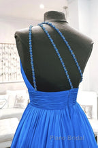 One Shoulder Backless Blue Chiffon Long Formal Prom Dress, Beaded Blue Long Formal Evening Dress