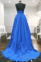 One Shoulder Backless Blue Chiffon Long Formal Prom Dress, Beaded Blue Long Formal Evening Dress