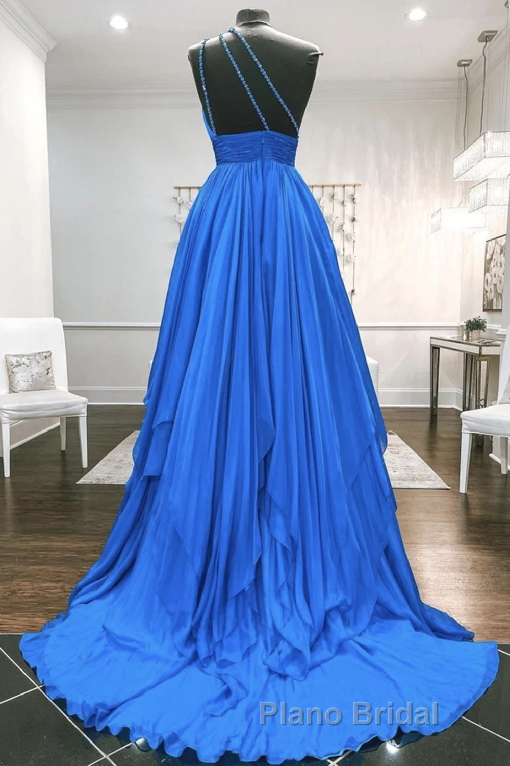 One Shoulder Backless Blue Chiffon Long Formal Prom Dress, Beaded Blue Long Formal Evening Dress