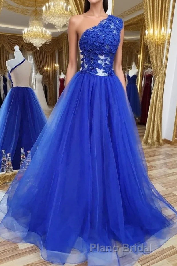 One Shoulder Backless Royal Blue Lace Long Formal Prom Dress, Royal Blue Lace Formal Dress, Backless Royal Blue Evening Dress Main image