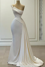 One-Shoulder Beaded Sleeveless Ruched Satin Wedding Dresses