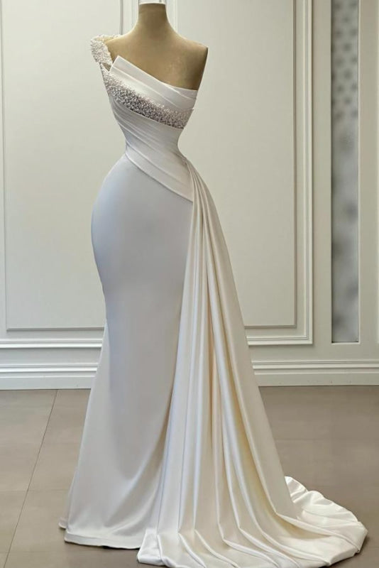 One-Shoulder Beaded Sleeveless Ruched Satin Wedding Dresses