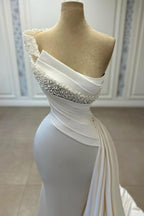 One-Shoulder Beaded Sleeveless Ruched Satin Wedding Dresses
