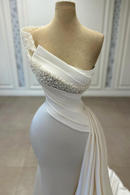 One-Shoulder Beaded Sleeveless Ruched Satin Wedding Dresses