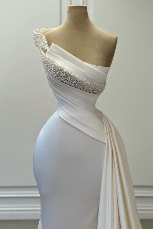 One-Shoulder Beaded Sleeveless Ruched Satin Wedding Dresses
