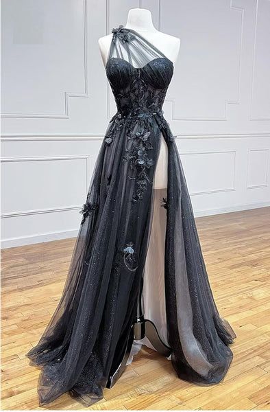 One Shoulder Black Lace Floral Long Formal Prom Dresses With High Slit 21Th Birthday Outfits