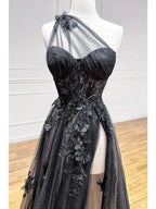 One Shoulder Black Lace Floral Long Formal Prom Dresses With High Slit 21Th Birthday Outfits
