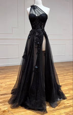 One Shoulder Black Lace Floral Long Formal Prom Dresses With High Slit 21Th Birthday Outfits