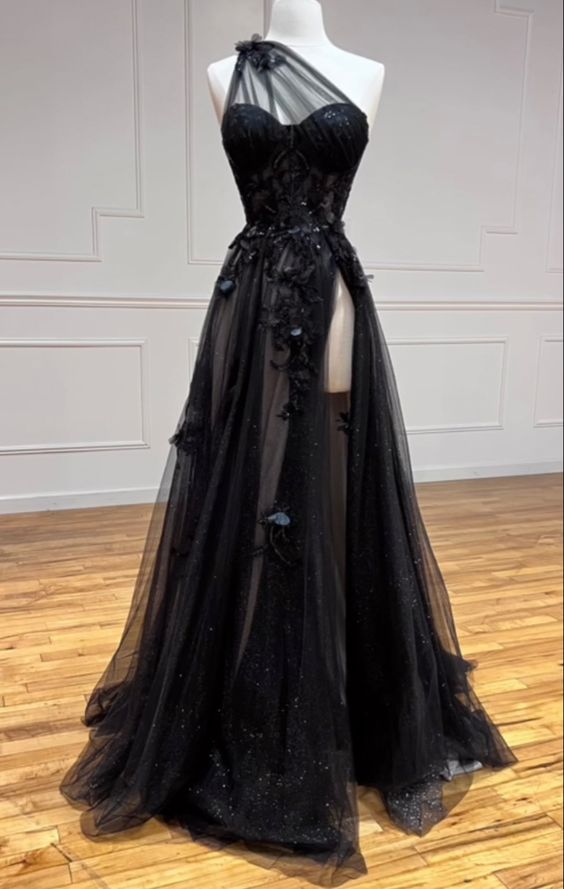 One Shoulder Black Lace Floral Long Formal Prom Dresses With High Slit 21Th Birthday Outfits