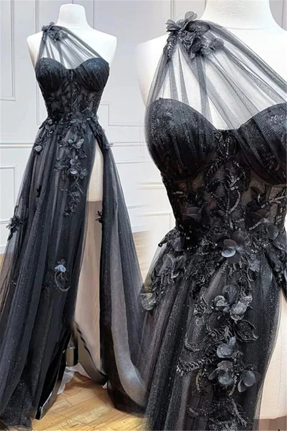 One Shoulder Black Lace Floral Long Formal Prom Dresses With High Slit 21Th Birthday Outfits Main image