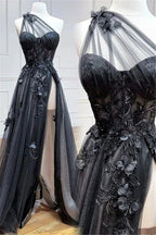One Shoulder Black Lace Floral Long Formal Prom Dresses With High Slit 21Th Birthday Outfits