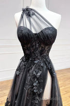 One Shoulder Black Lace Formal Prom Dresses, One Shoulder Black Lace Formal Evening Dresses