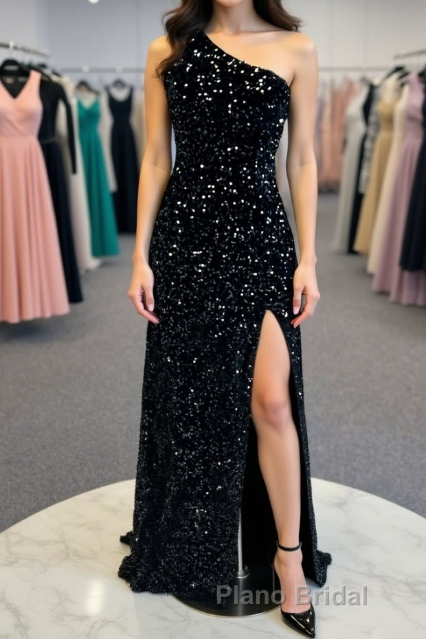 One Shoulder Black Sequins Mermaid Long Formal Prom Dresses, Black Sequins Mermaid Long Formal Prom Dresses Main image