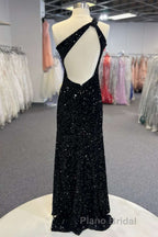 One Shoulder Black Sequins Mermaid Long Formal Prom Dresses, Black Sequins Mermaid Long Formal Prom Dresses