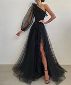 One Shoulder Black Tulle Formal Prom Dresses A Line Split Formal Gown Event Dresses