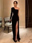 One Shoulder Black Velvet Long Prom Dresses, Black One Shoulder Velvet Formal Evening Dresses