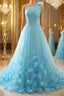 One Shoulder Blue 3D Flowers Long Formal Prom Dress, Blue Floral Formal Evening Dress