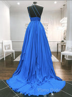 One Shoulder Blue Backless Long Formal Prom Dresses, Open Back Blue Long Formal Dresses