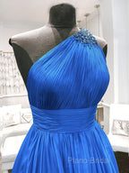 One Shoulder Blue Backless Long Formal Prom Dresses, Open Back Blue Long Formal Dresses