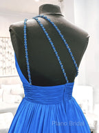 One Shoulder Blue Backless Long Formal Prom Dresses, Open Back Blue Long Formal Dresses