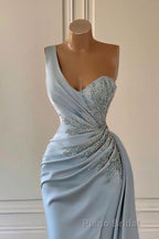One shoulder blue Formal Prom Dresses in mermaid pleats