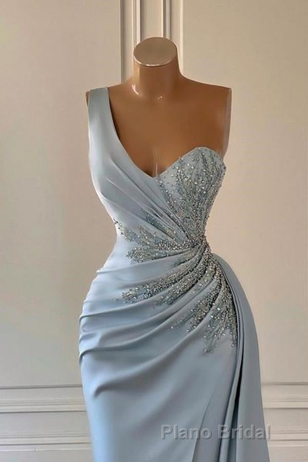 One shoulder blue Formal Prom Dresses in mermaid pleats
