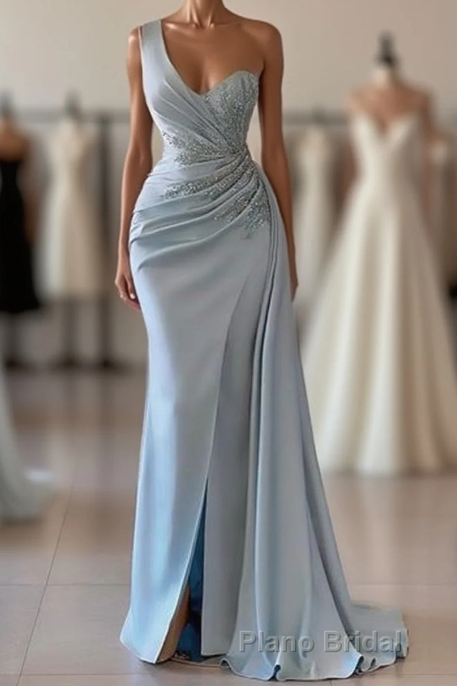 One shoulder blue Formal Prom Dresses in mermaid pleats Main image