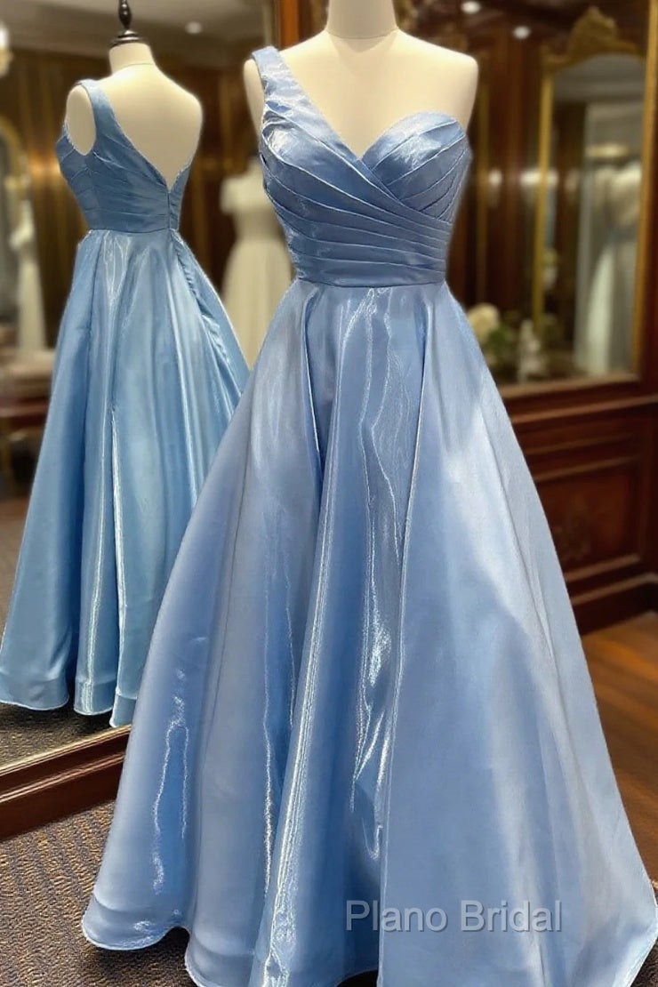One Shoulder Blue Satin Long Formal Prom Dresses, One Shoulder Blue Long Formal Dresses Main image