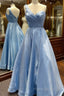 One Shoulder Blue Satin Long Formal Prom Dresses, One Shoulder Blue Long Formal Dresses