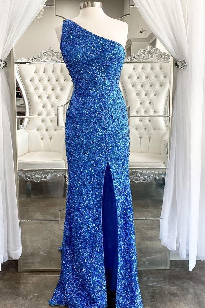 One Shoulder Blue Sequins Mermaid Long Formal Dresses Secondary image