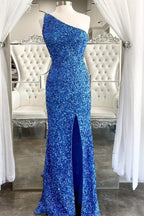 One Shoulder Blue Sequins Mermaid Long Formal Dresses