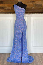 One Shoulder Blue Sequins Mermaid Long Formal Dresses