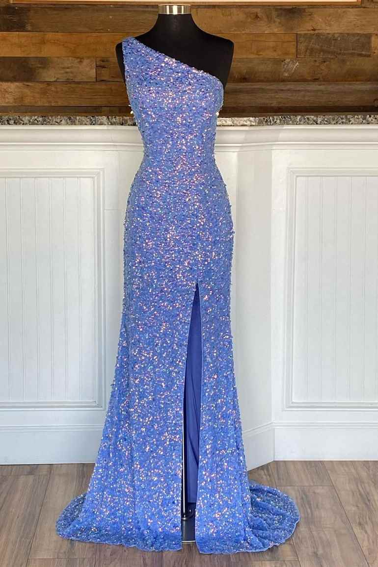 One Shoulder Blue Sequins Mermaid Long Formal Dresses