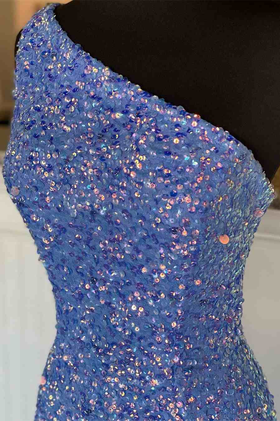 One Shoulder Blue Sequins Mermaid Long Formal Dresses
