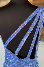 One Shoulder Blue Sequins Mermaid Long Formal Dresses