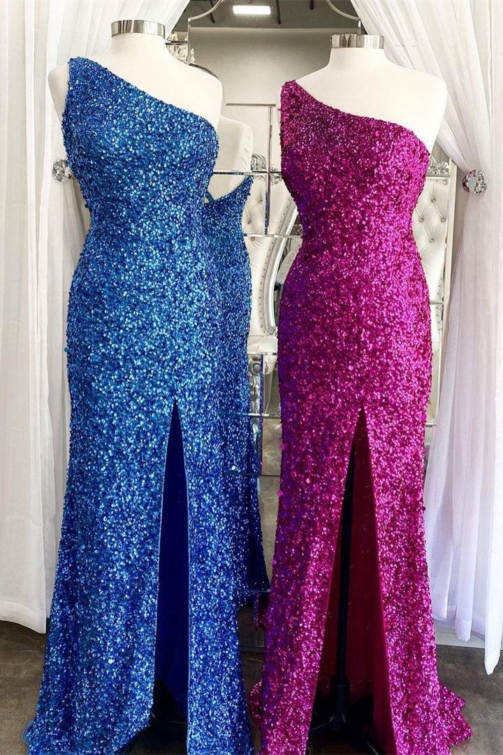 One Shoulder Blue Sequins Mermaid Long Formal Dresses Main image